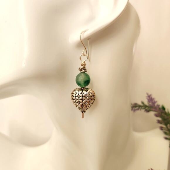 Natural Jade Stone Silver Heart Dangle Earrings - Picture 3 of 8